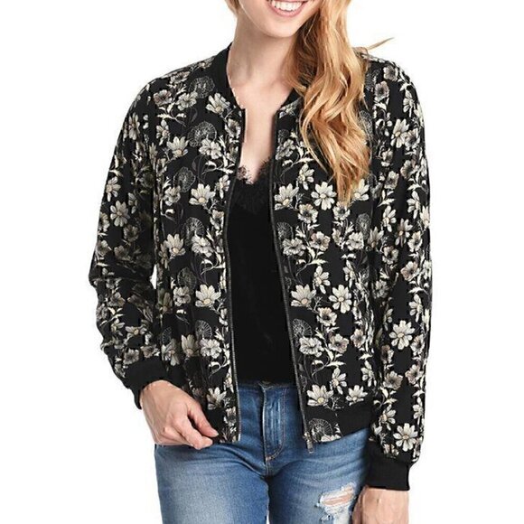SKIES ARE BLUE STITCH FIX ANTHROPOLOGIE Flower Printed Bomber Jacket Navy Floral - Picture 3 of 15
